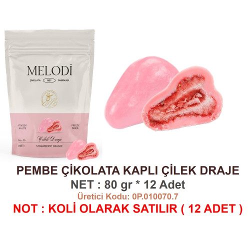 Mld-Pembe Çikolata Kaplı Çilek Draje 80 g 12 Pkt
