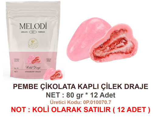 Mld-Pembe Çikolata Kaplı Çilek Draje 80 g 12 Pkt